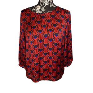 Vintage Geometric Abstract Print Blouse Career Office Retro Womens Top Shirt 80s